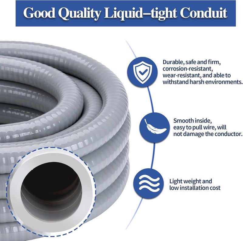 Geowaky 3/4 Inch 25 FT Liquid-Tight Conduit and Connector Kit Non Metallic Flexible Conduit Electrical Kit - 5 Straight and 3 Angle Fittings Included for Electrical Wiring - Image 3